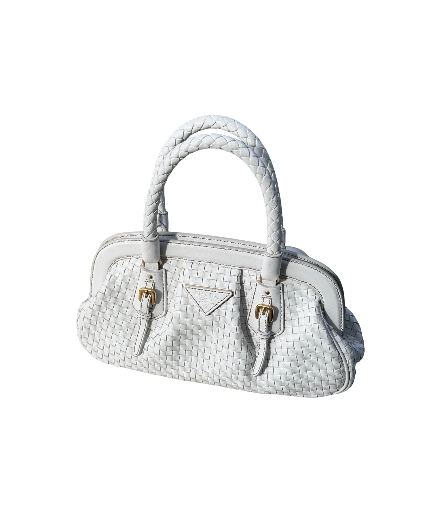 Available | Prada White Goatskin Madras Woven Handbag