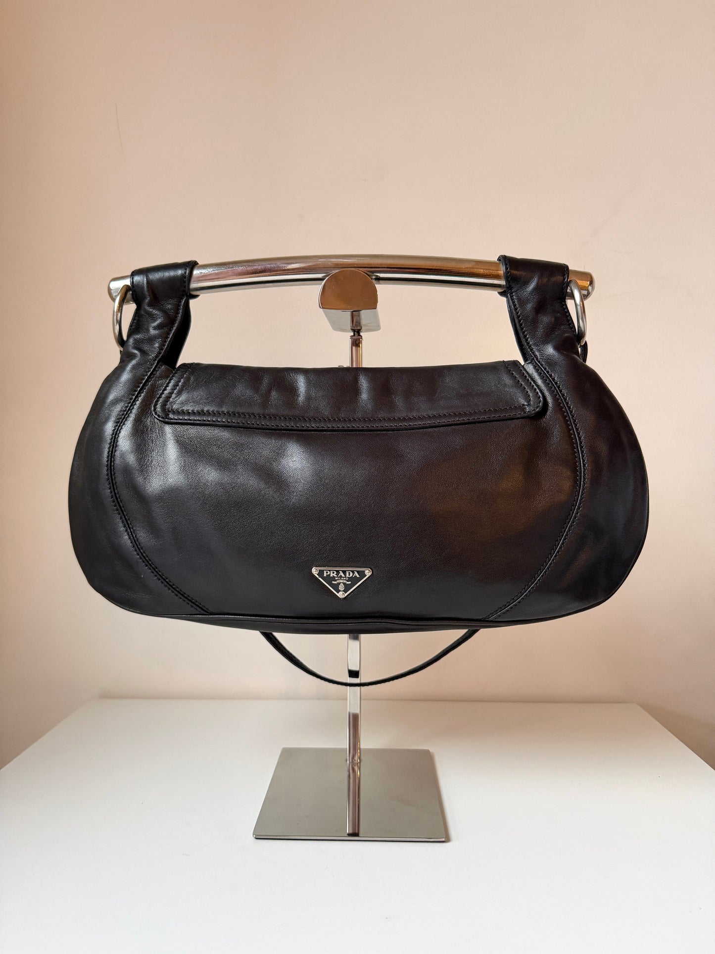 AVAILABLE | Prada Black Halfmoon Lambskin Swing Bag
