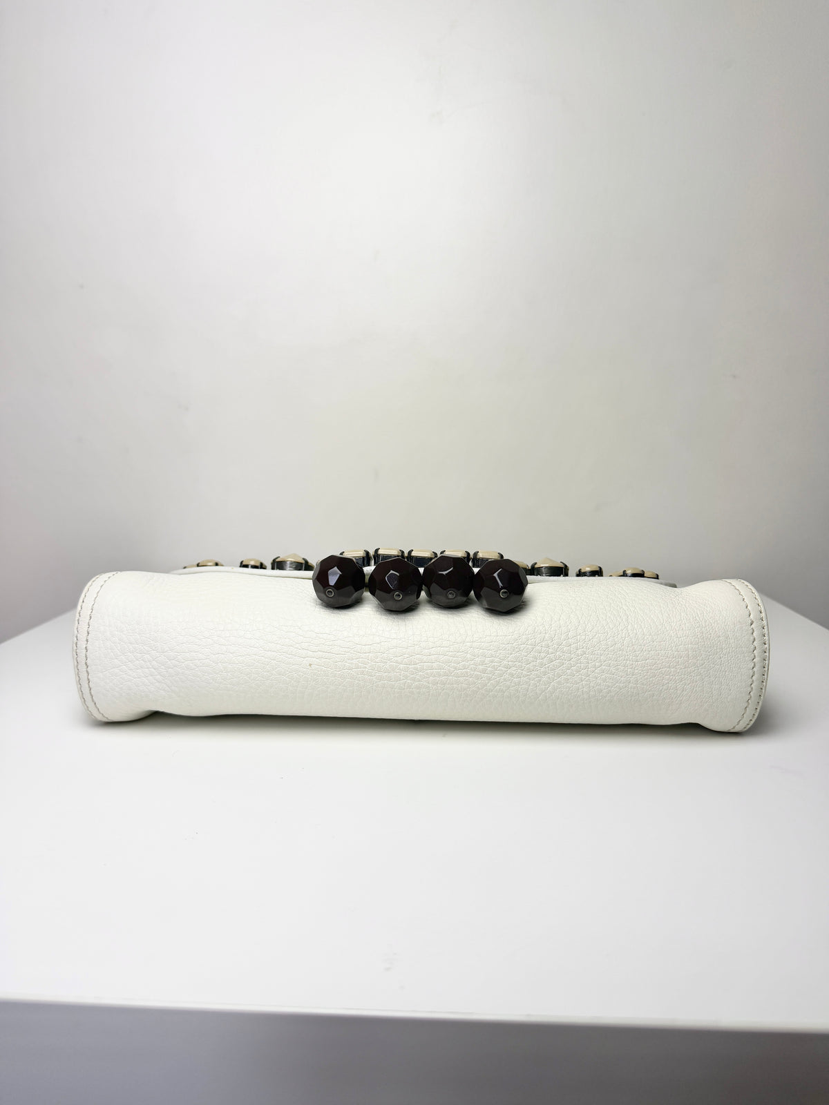 Prada Vitello Daino Leather Beaded Swing Bag – White