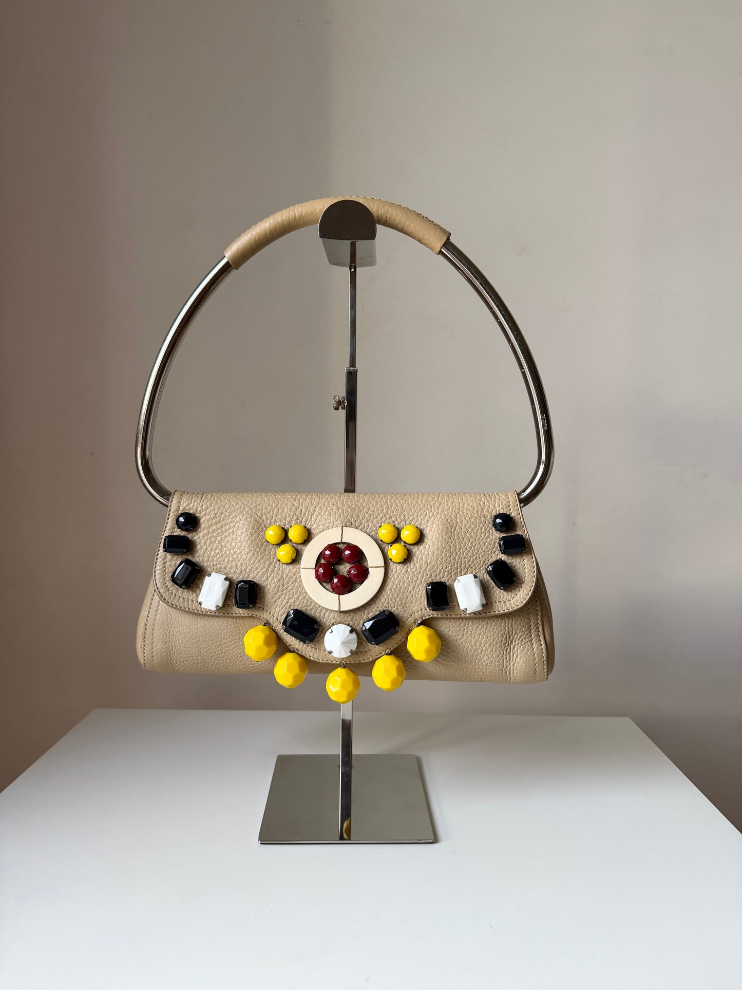 AVAILABLE | Prada Vitello Daino Ricamo Swing Bag – Beige