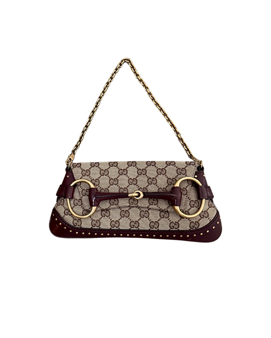 Available | Gucci Monogram Burgundy Leather Horsebit Clutch Bag
