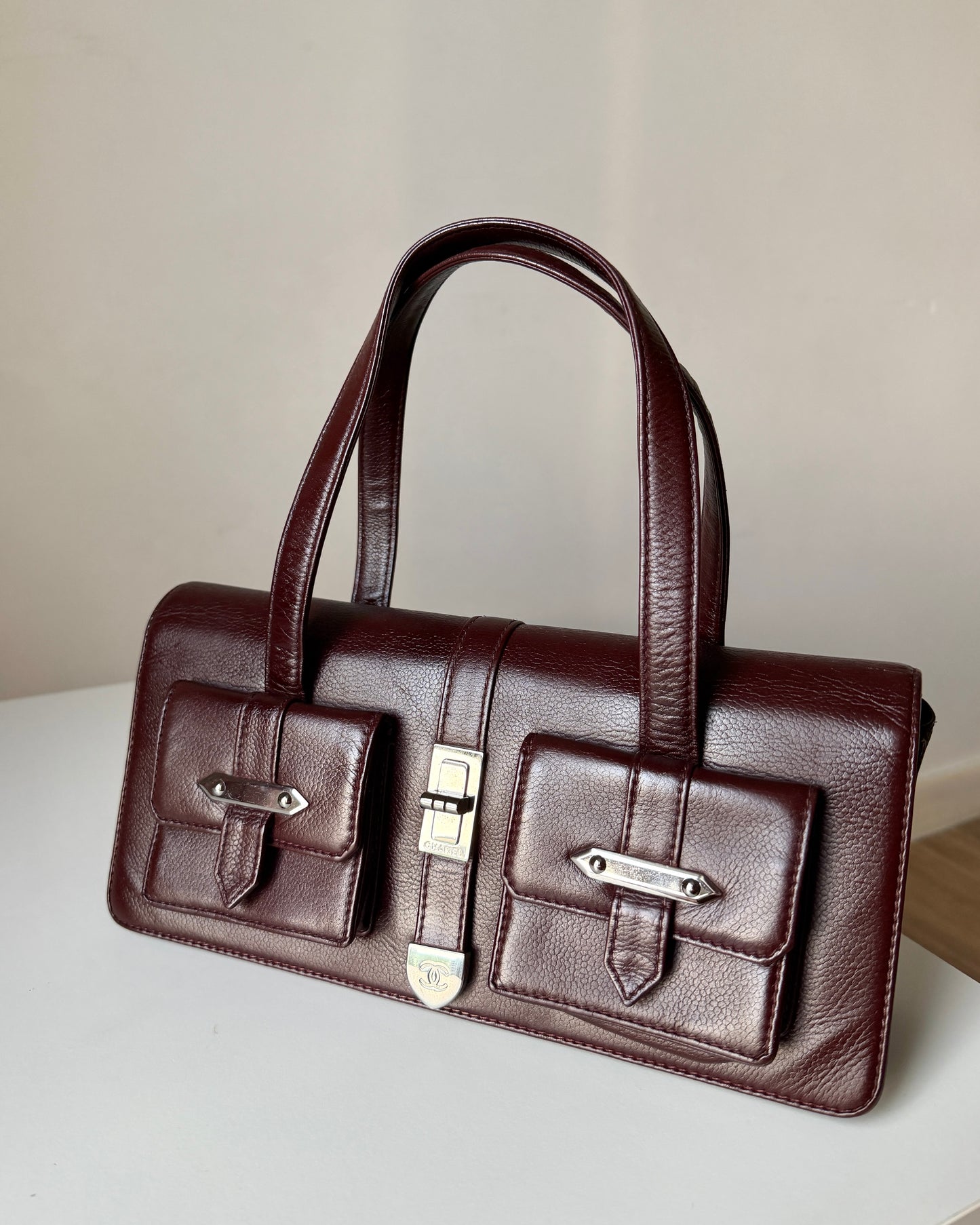 AVAILABLE | Chanel Double Pocket Satchel – Burgundy