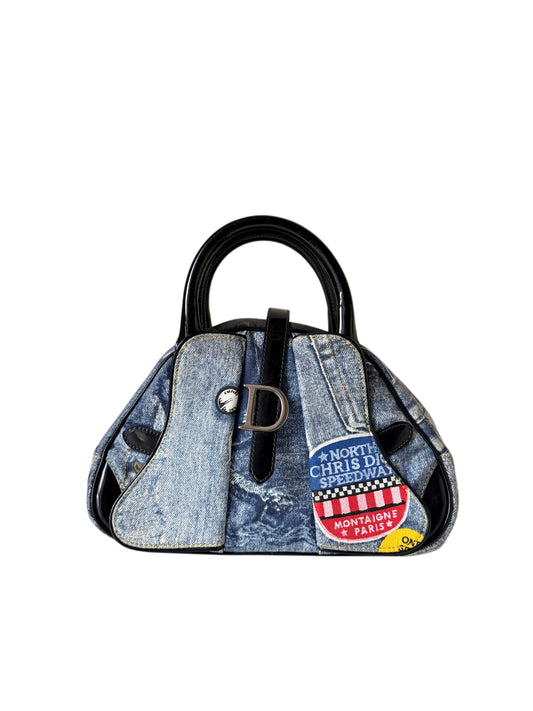 AVAILABLE | Christian Dior Distressed Denim Speedway Saddle Bowler Bag