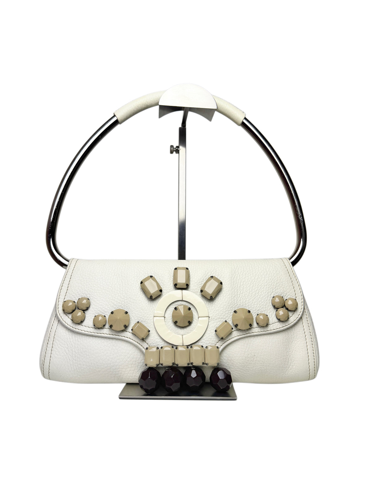 Prada Vitello Daino Leather Beaded Swing Bag – White