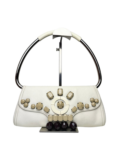 Prada Vitello Daino Leather Beaded Swing Bag – White