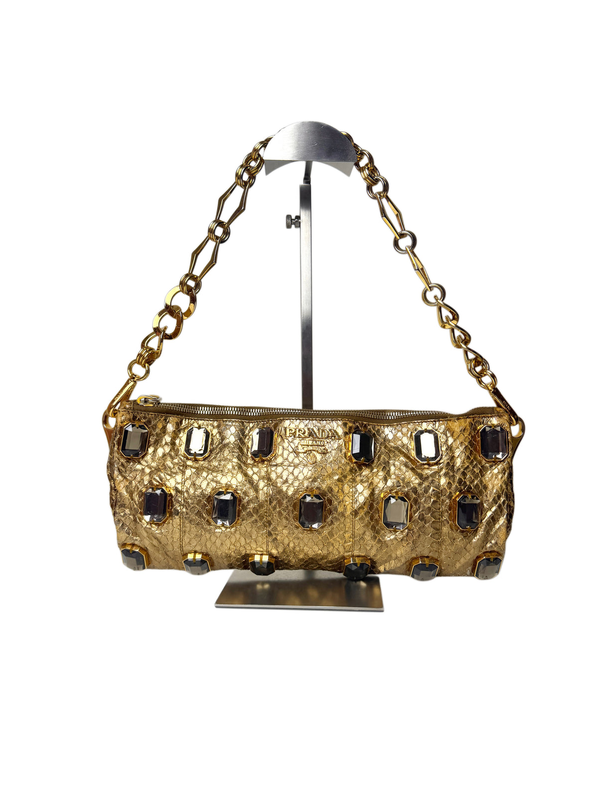 Prada Whips Pietre Gold Metallic Snakeskin Jeweled Bag