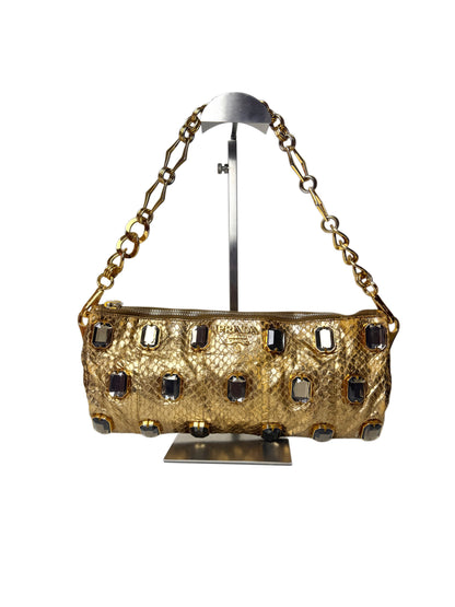 Prada Whips Pietre Gold Metallic Snakeskin Jeweled Bag