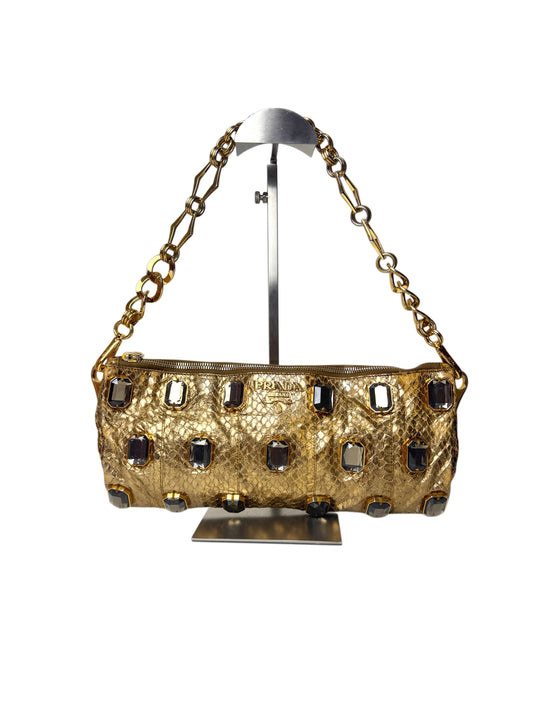 Prada Whips Pietre Gold Metallic Snakeskin Jeweled Bag