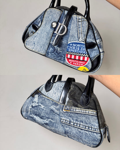 AVAILABLE | Christian Dior Distressed Denim Speedway Saddle Bowler Bag