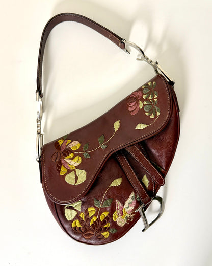 AVAILABLE | Christian Dior Brown Embroidered Floral Saddle Bag