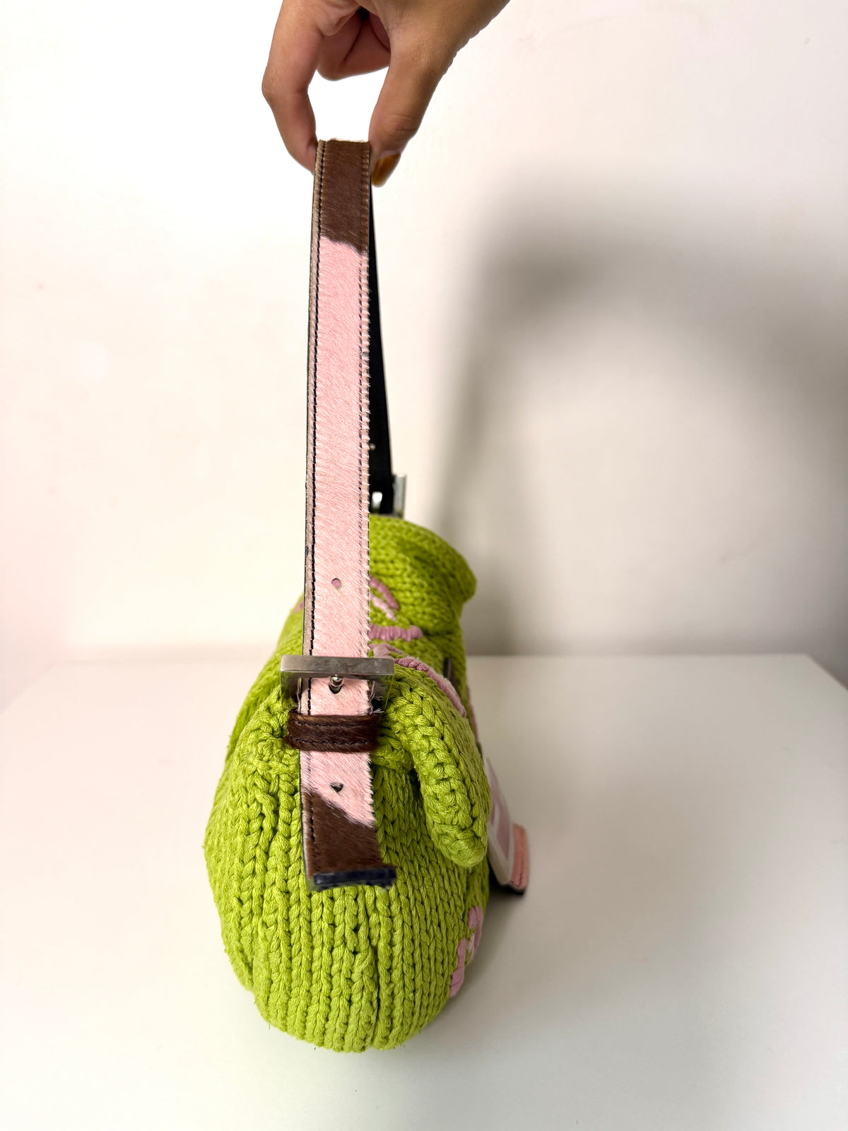 AVAILABLE | Fendi Knitted Floral Green Pink Baguette