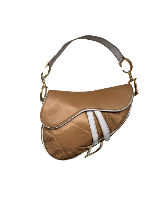 Available | Christian Dior Carrie Brown White Leather Saddle Bag SATC