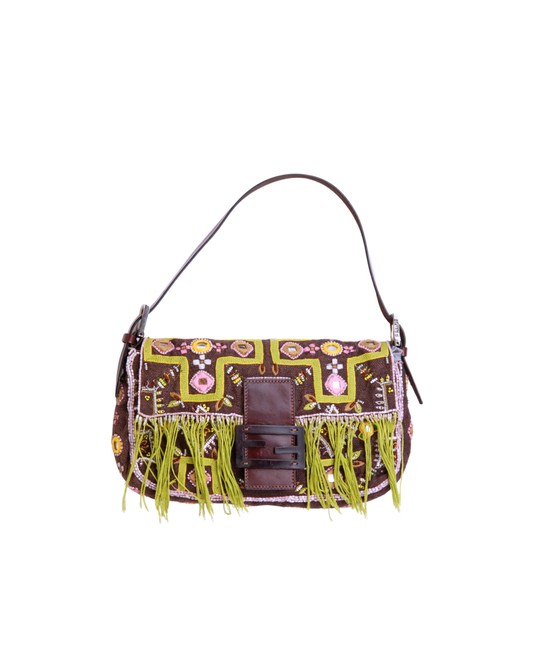 Available | Fendi Embroidered Fringe Brown Baguette