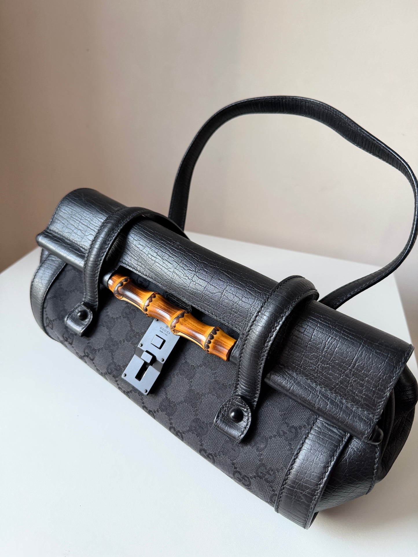 AVAILABLE | Gucci GG Canvas Bamboo Bullet Medium – Black