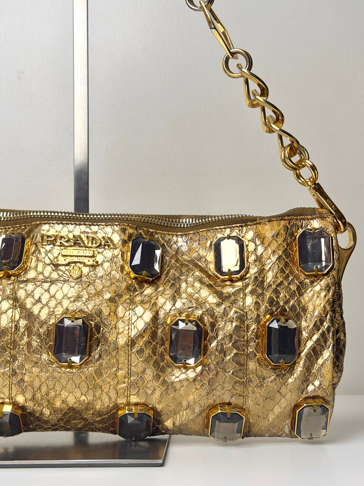 Prada Whips Pietre Gold Metallic Snakeskin Jeweled Bag