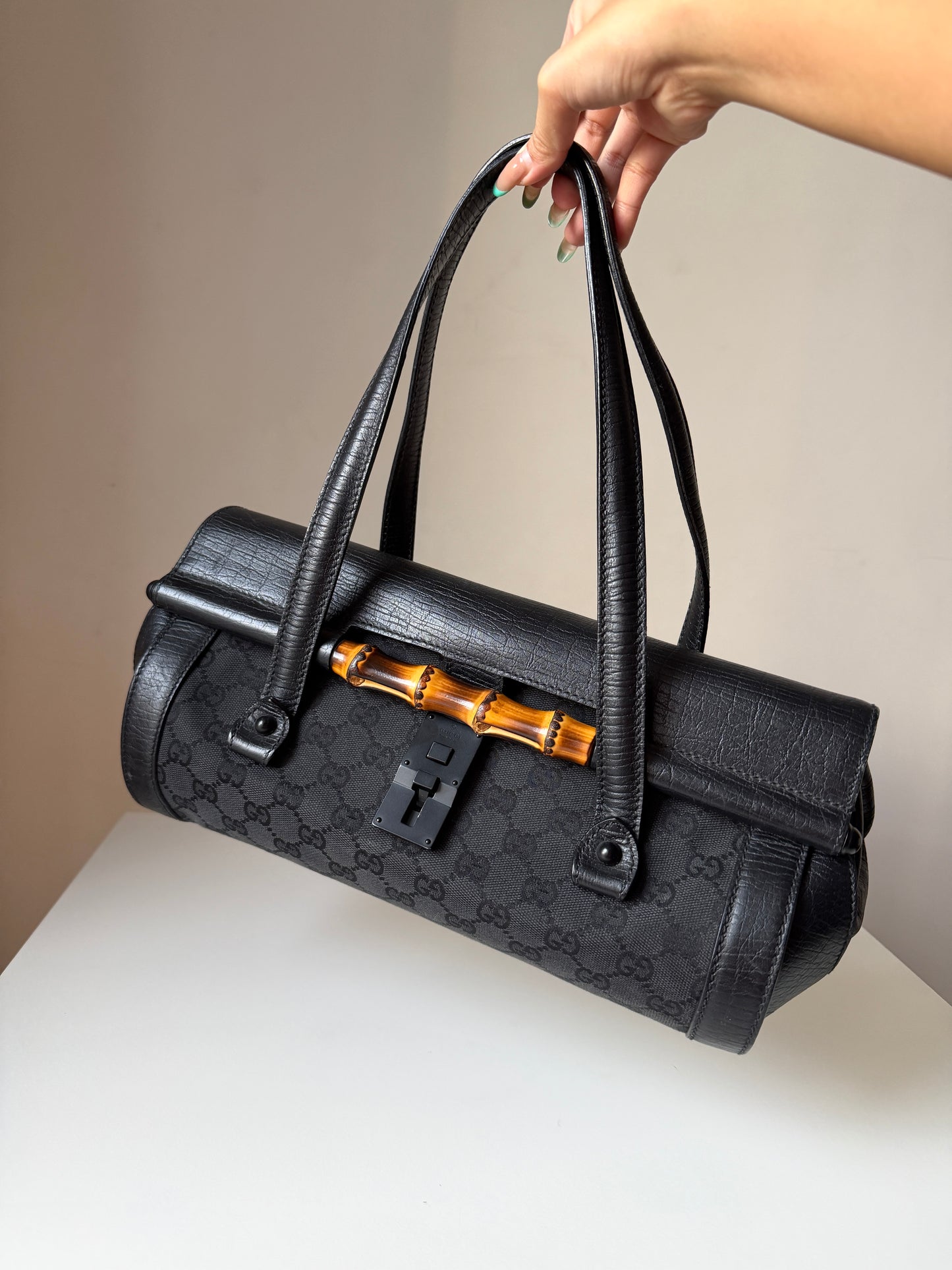 AVAILABLE | Gucci GG Canvas Bamboo Bullet Medium – Black