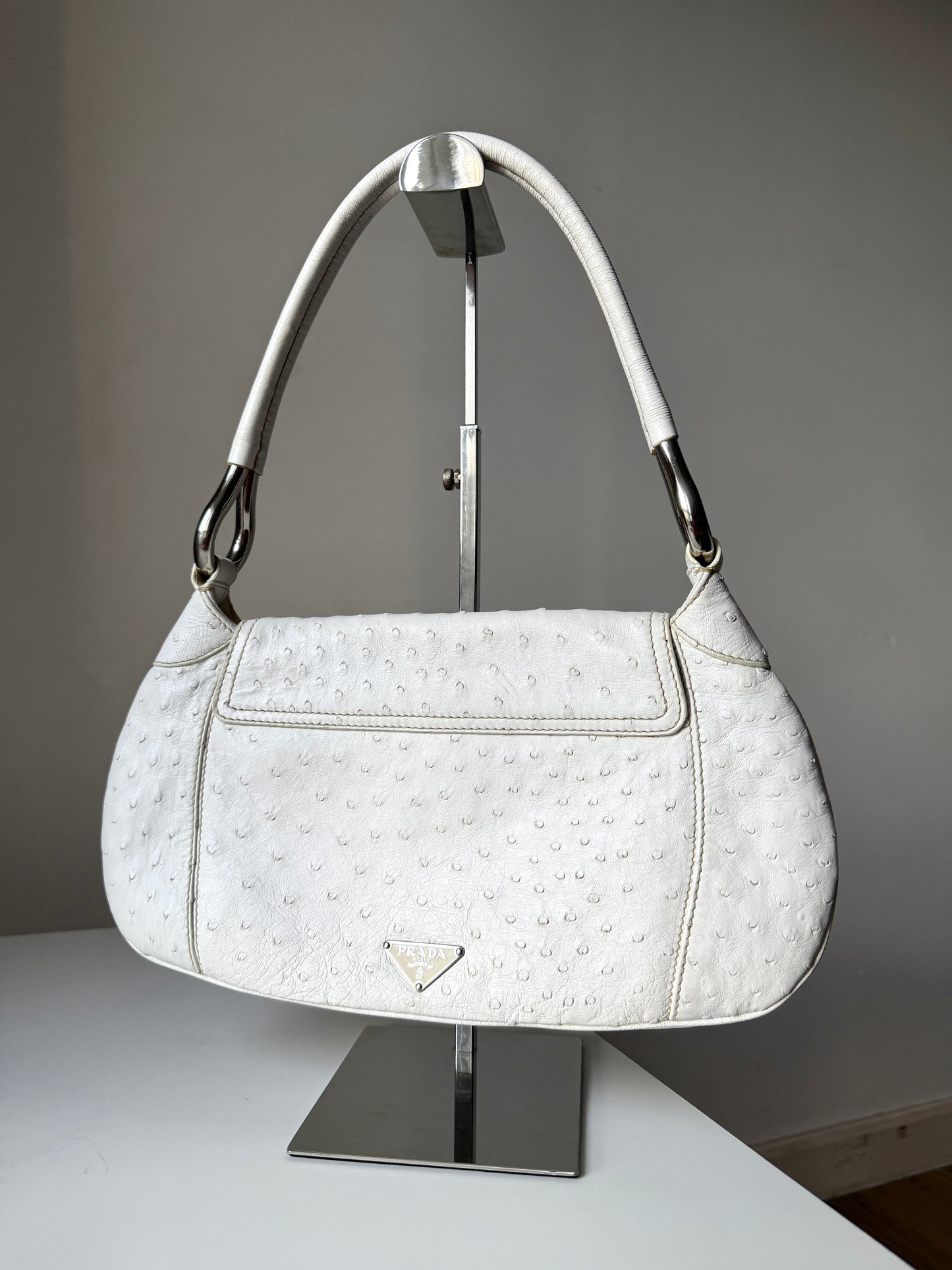 AVAILABLE | Prada Ostrich Swing Handbag 2003  – White