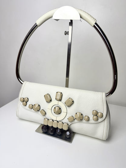 Prada Vitello Daino Leather Beaded Swing Bag – White