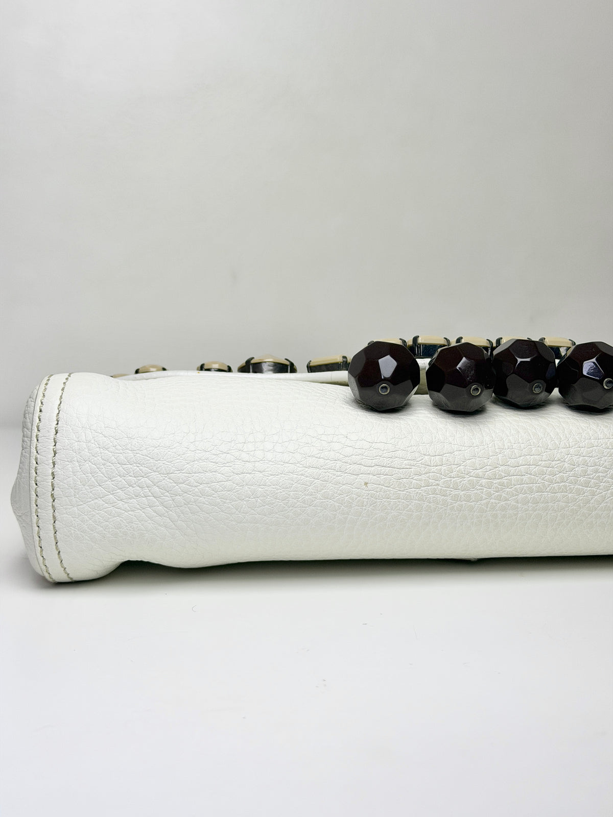 Prada Vitello Daino Leather Beaded Swing Bag – White