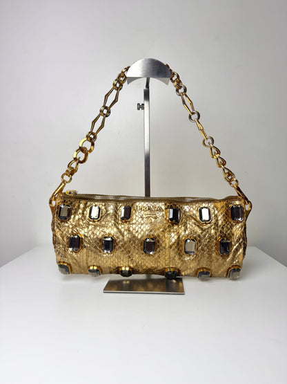 Prada Whips Pietre Gold Metallic Snakeskin Jeweled Bag