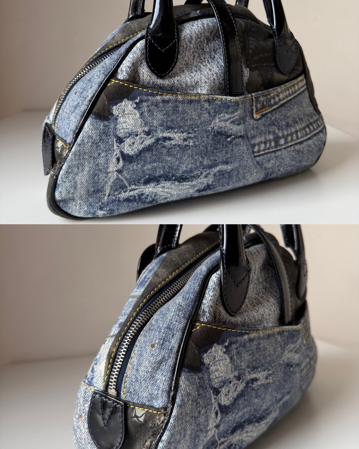 AVAILABLE | Christian Dior Distressed Denim Speedway Saddle Bowler Bag