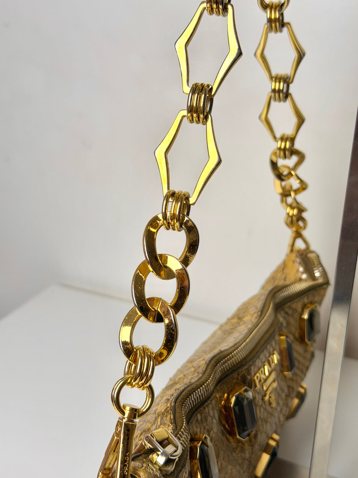 Prada Whips Pietre Gold Metallic Snakeskin Jeweled Bag