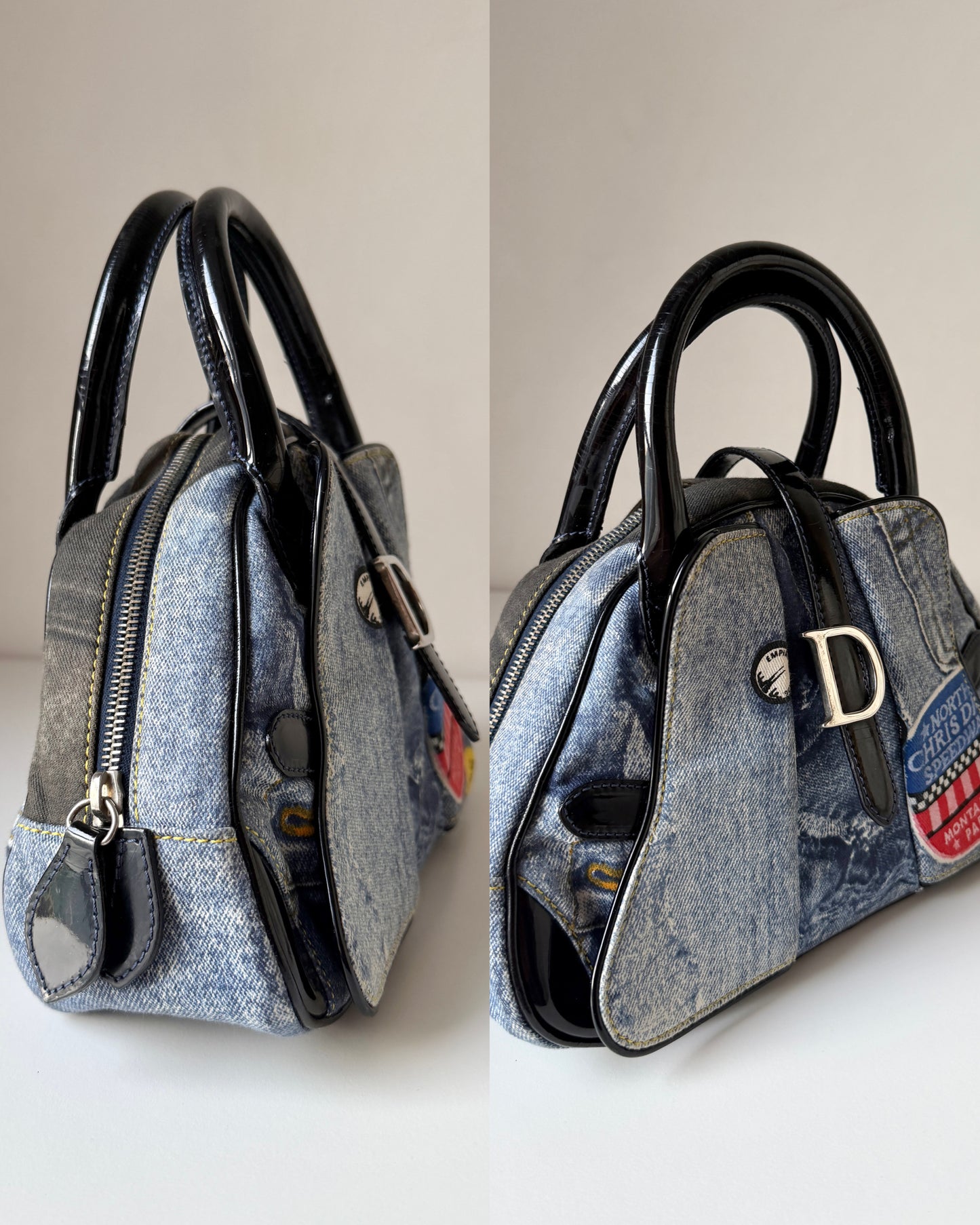 AVAILABLE | Christian Dior Distressed Denim Speedway Saddle Bowler Bag