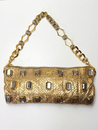 Prada Whips Pietre Gold Metallic Snakeskin Jeweled Bag