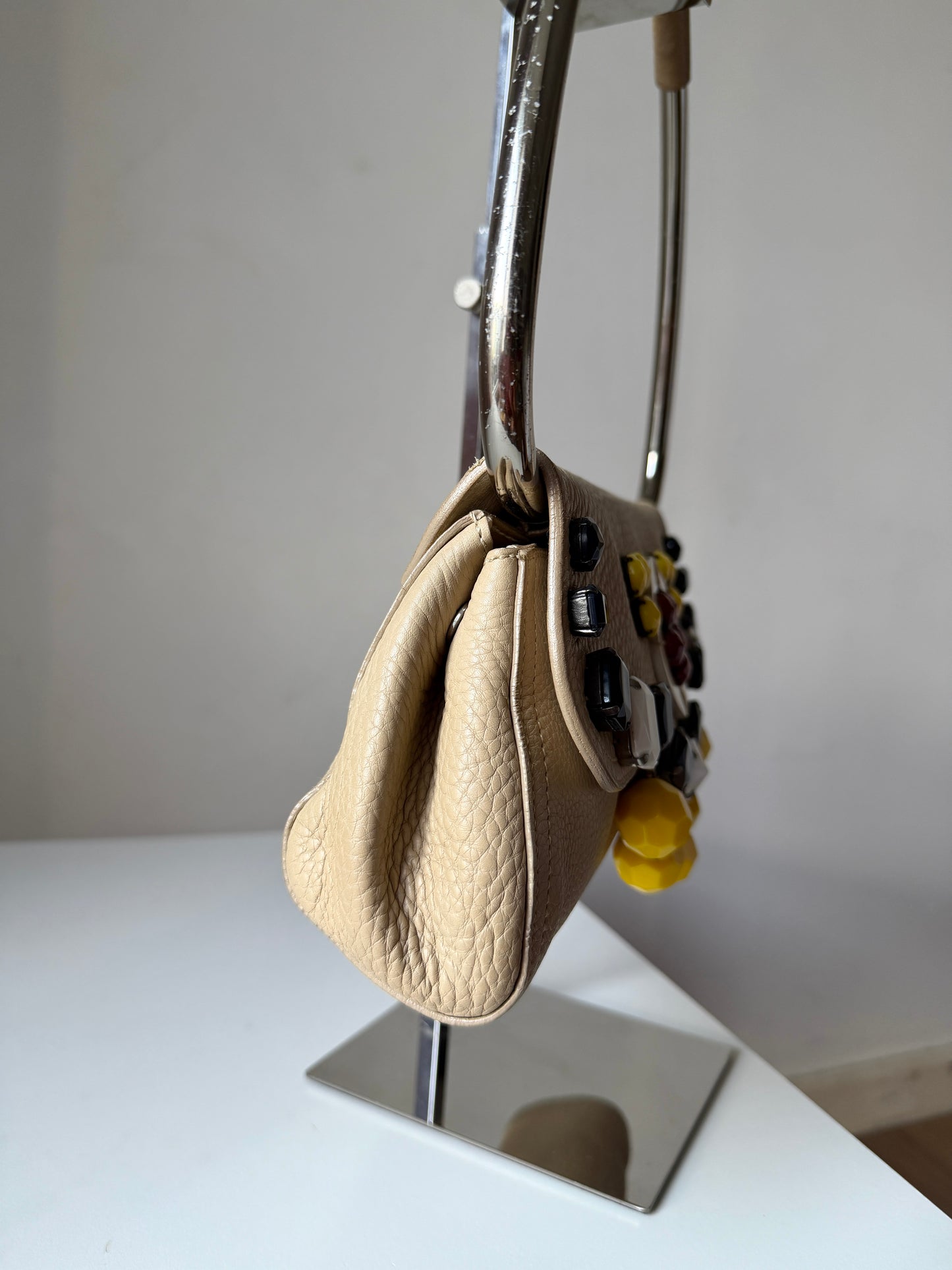 AVAILABLE | Prada Vitello Daino Ricamo Swing Bag – Beige