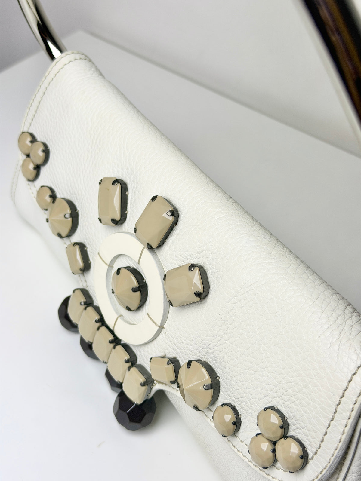 Prada Vitello Daino Leather Beaded Swing Bag – White