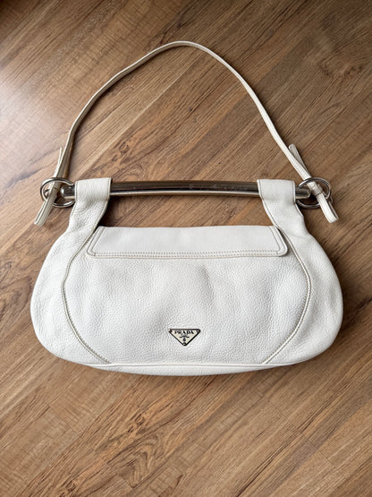 AVAILABLE | Prada Vitello Daino White Pebbled Halfmoon Swing Bag – White
