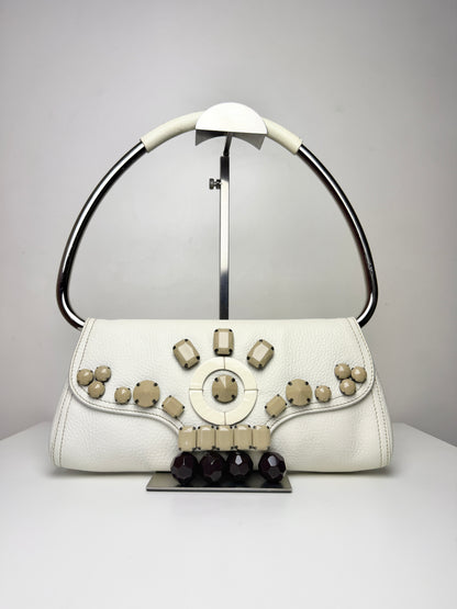 Prada Vitello Daino Leather Beaded Swing Bag – White