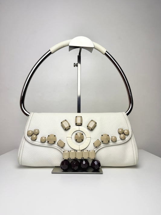 Prada Vitello Daino Leather Beaded Swing Bag – White