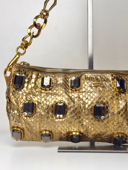 Prada Whips Pietre Gold Metallic Snakeskin Jeweled Bag