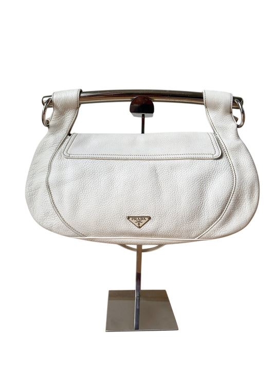 AVAILABLE | Prada Vitello Daino White Pebbled Halfmoon Swing Bag – White