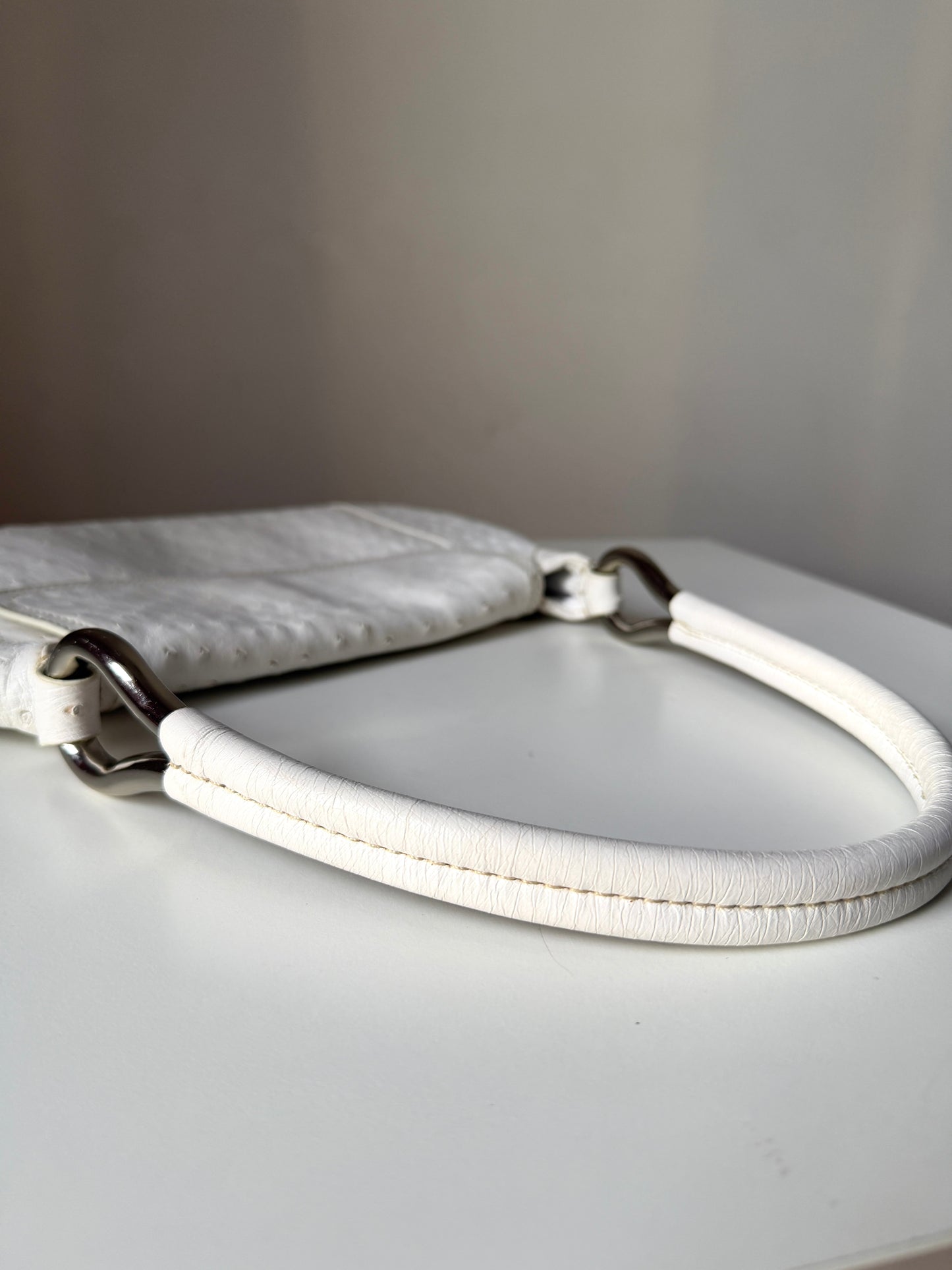 AVAILABLE | Prada Ostrich Swing Handbag 2003  – White