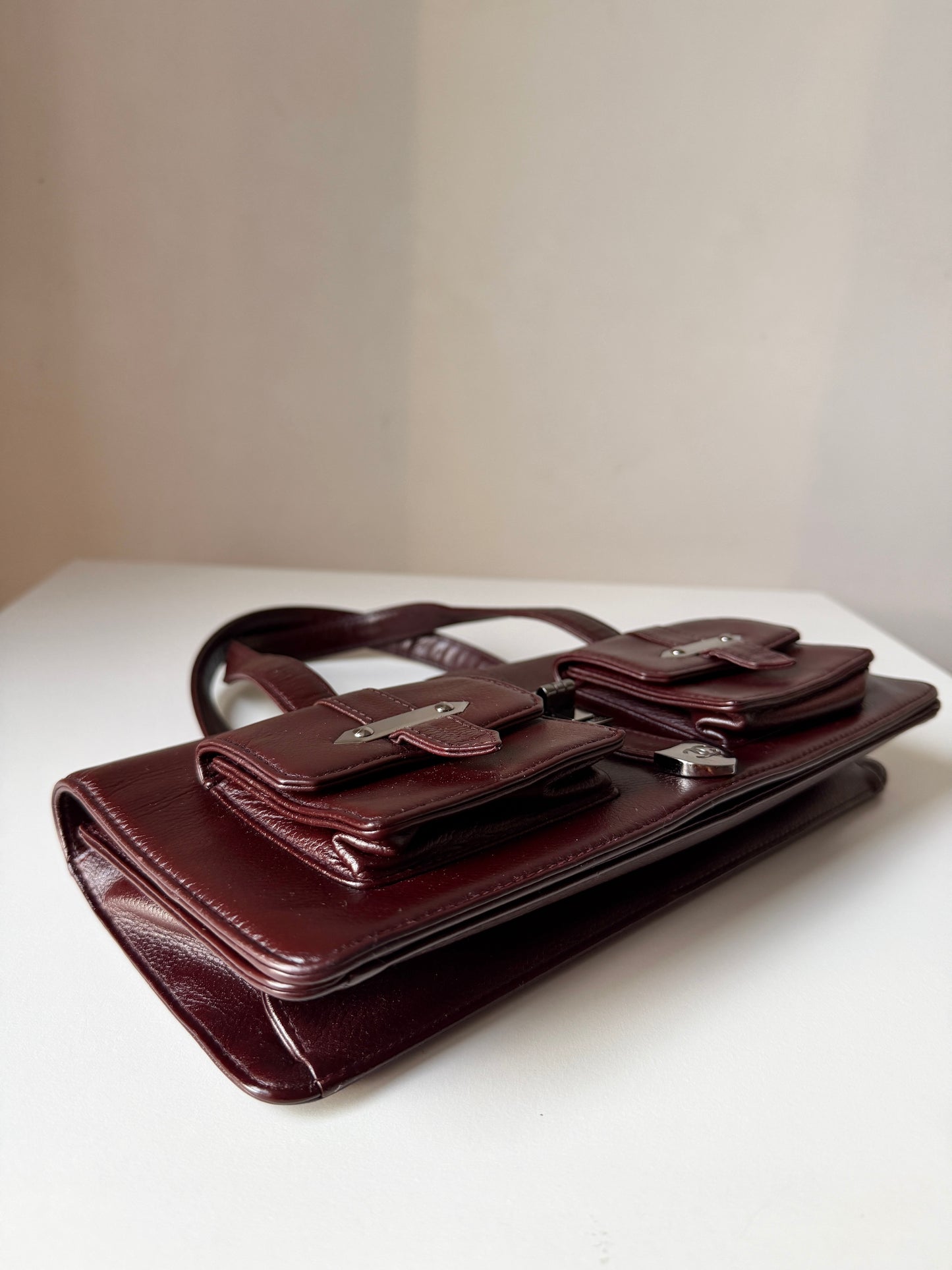 AVAILABLE | Chanel Double Pocket Satchel – Burgundy