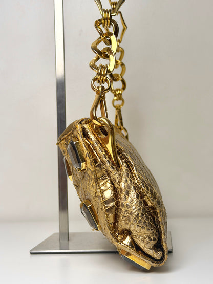 Prada Whips Pietre Gold Metallic Snakeskin Jeweled Bag