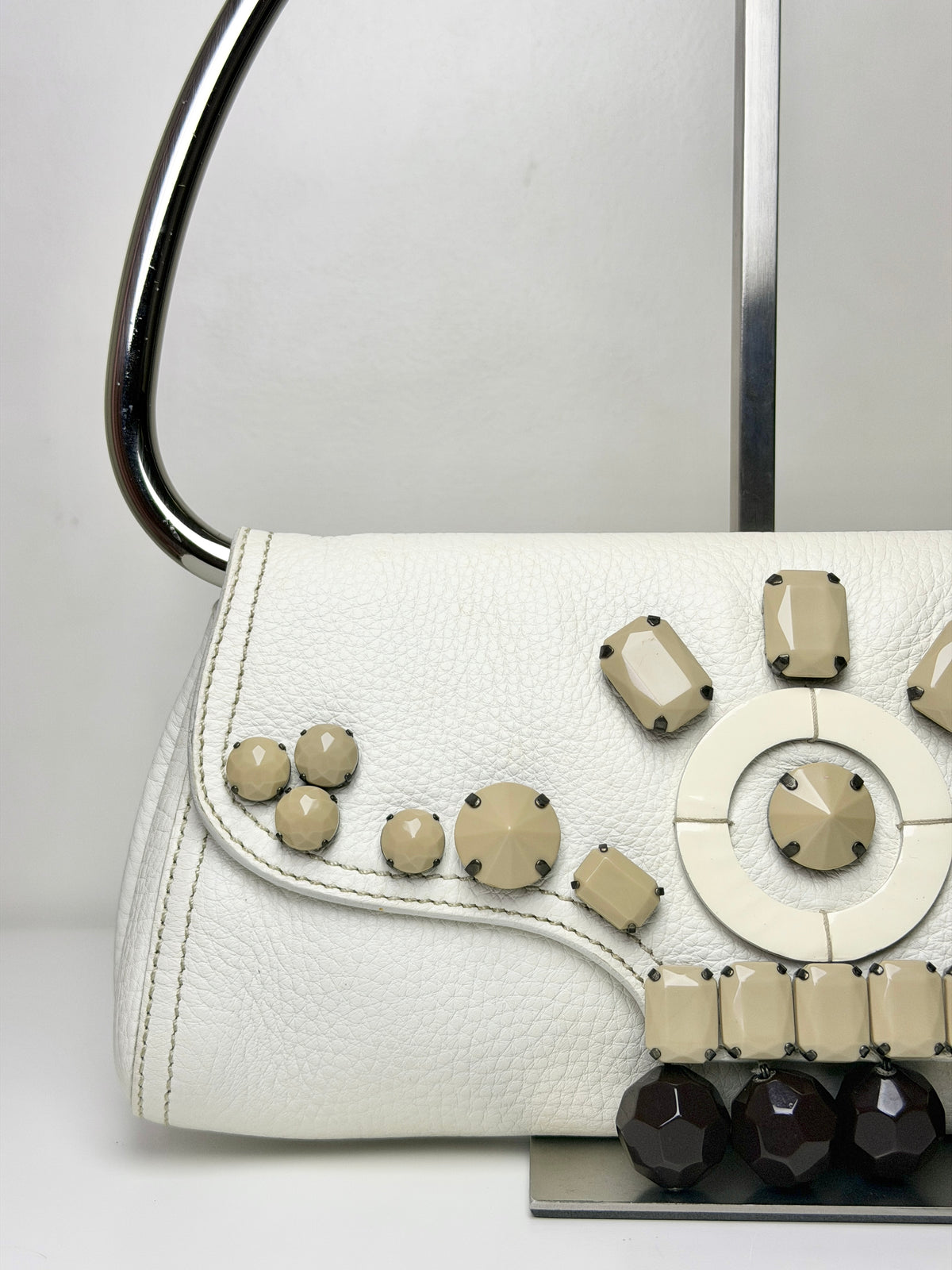 Prada Vitello Daino Leather Beaded Swing Bag – White