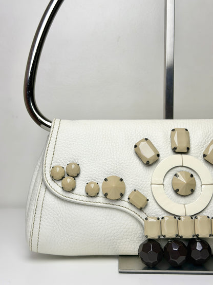 Prada Vitello Daino Leather Beaded Swing Bag – White