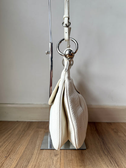 AVAILABLE | Prada Vitello Daino White Pebbled Halfmoon Swing Bag – White