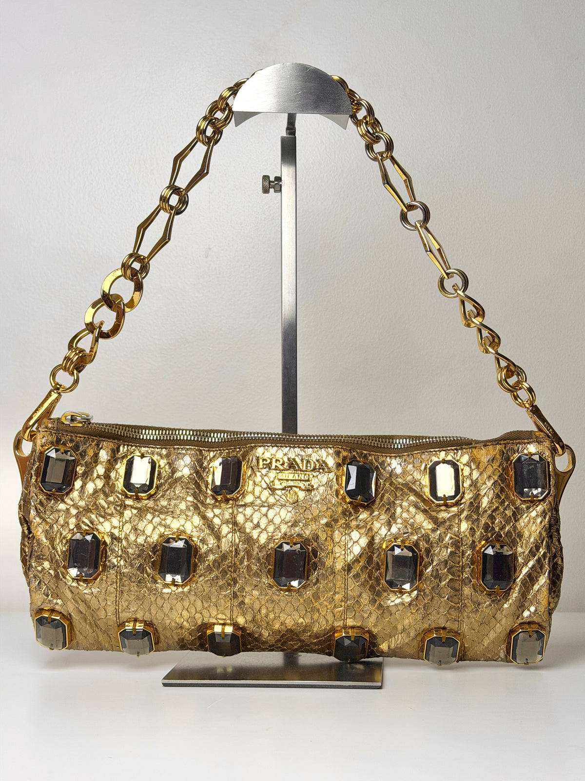 Prada Whips Pietre Gold Metallic Snakeskin Jeweled Bag