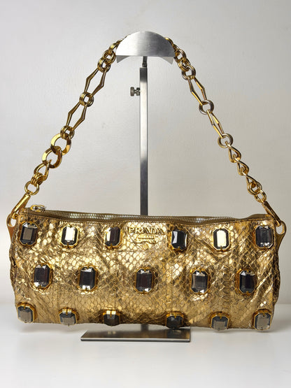 Prada Whips Pietre Gold Metallic Snakeskin Jeweled Bag
