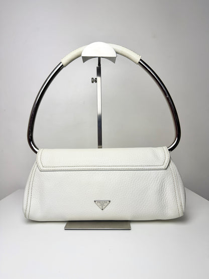 Prada Vitello Daino Leather Beaded Swing Bag – White