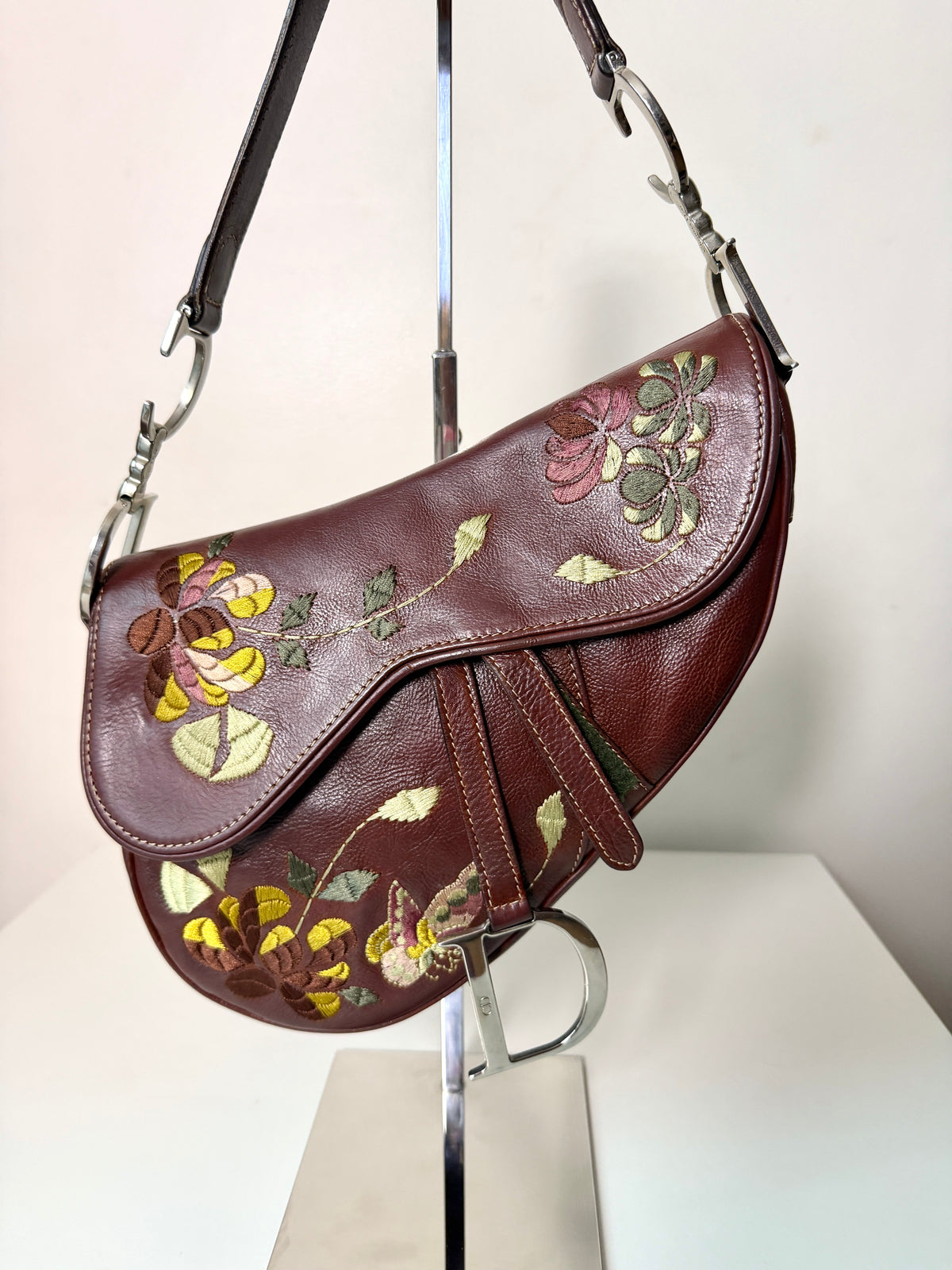AVAILABLE | Christian Dior Brown Embroidered Floral Saddle Bag