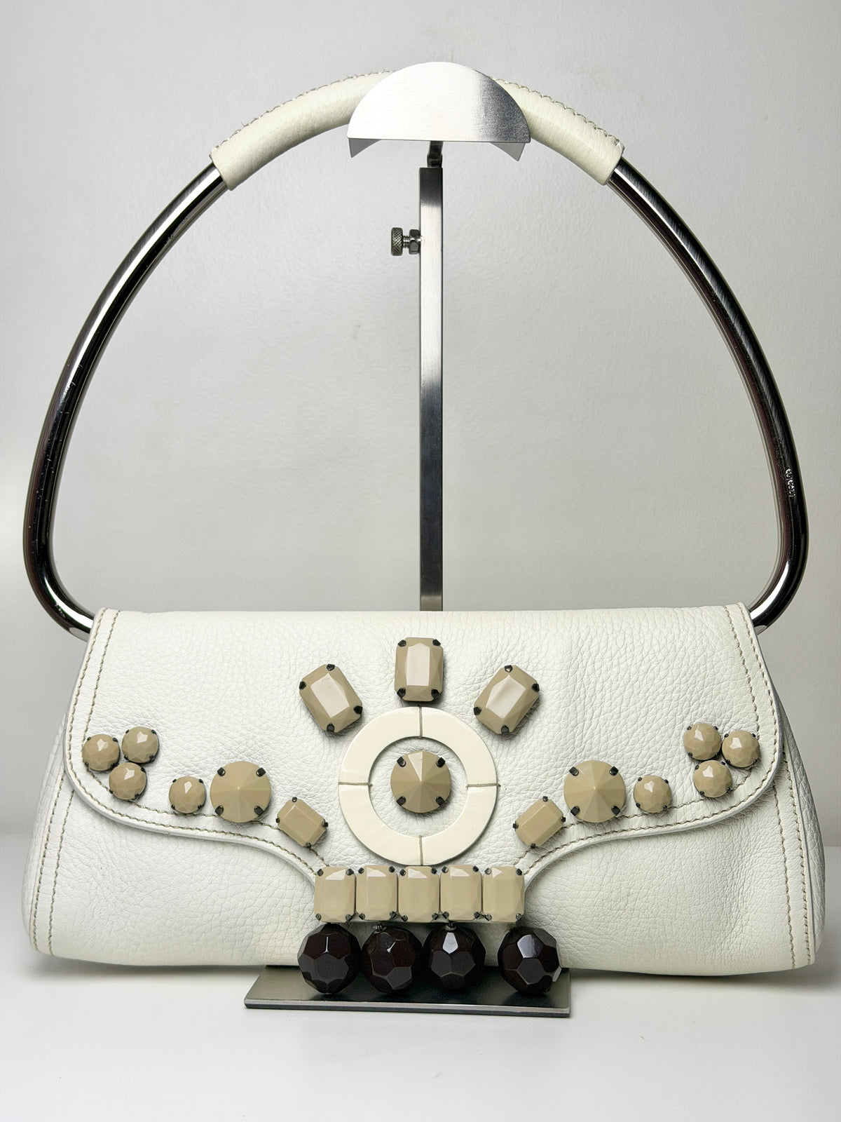 Prada Vitello Daino Leather Beaded Swing Bag – White