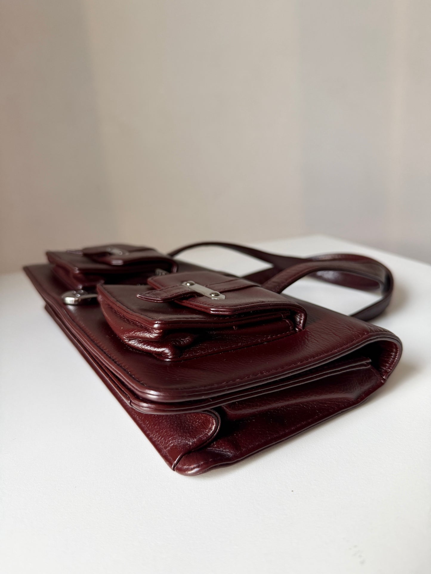 AVAILABLE | Chanel Double Pocket Satchel – Burgundy