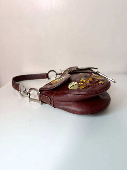 AVAILABLE | Christian Dior Brown Embroidered Floral Saddle Bag