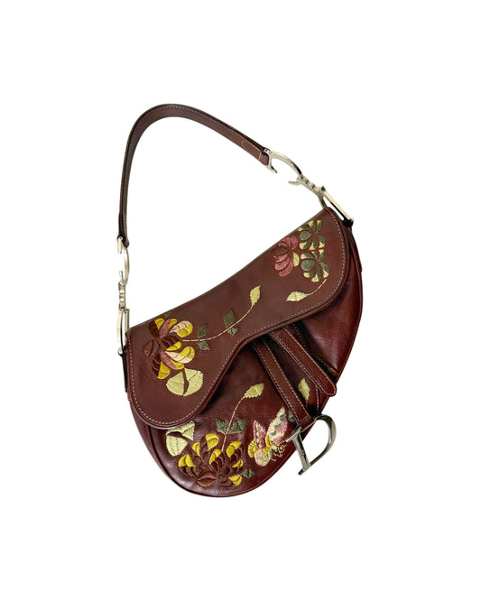 AVAILABLE | Christian Dior Brown Embroidered Floral Saddle Bag