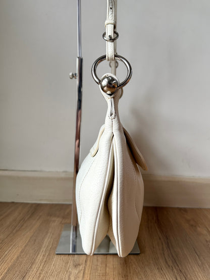 AVAILABLE | Prada Vitello Daino White Pebbled Halfmoon Swing Bag – White